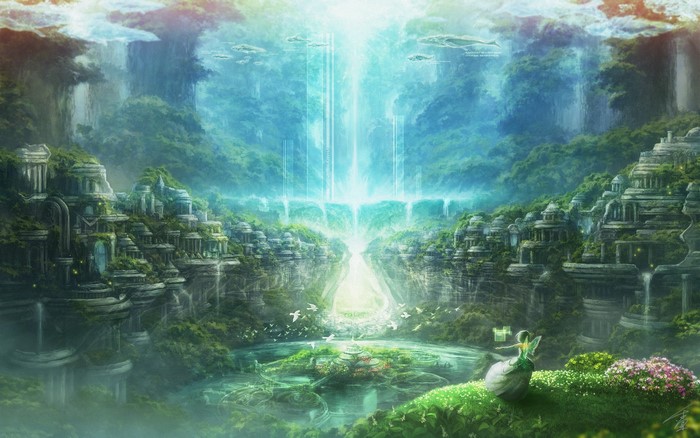 Fantastic world with waterfalls and ancient architecture