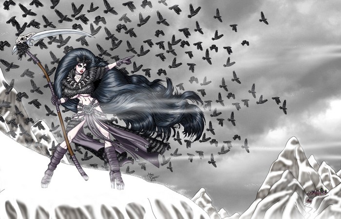 Gothic Fantasy Warrior with Scythe and Crows