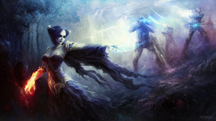 Gothic Fantasy Woman with Fire Magic and Soldiers