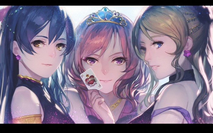 Three anime girls with a card