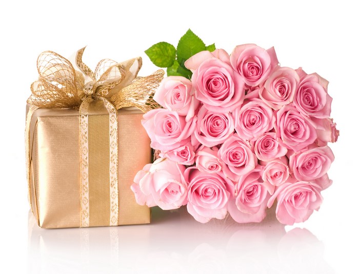 Pink Roses and Gold Gift Box