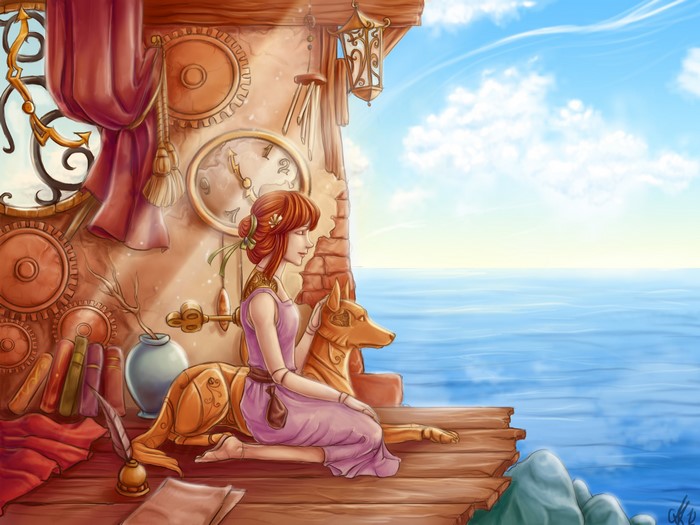 Steampunk girl with mechanical dog by the sea