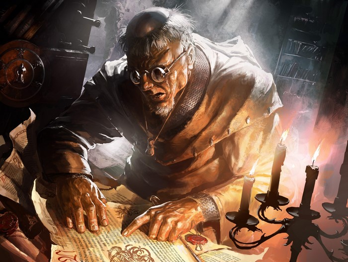 Monk reading ancient texts by candlelight