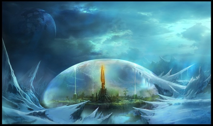 Fantastic world with ice formations and a glowing dome