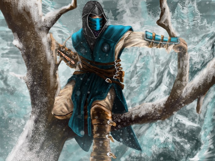 Sub-Zero from Mortal Kombat in a snowy forest
