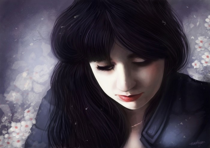 Painting of a Brunette Girl with Flowers