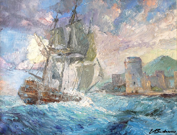 Painting of a sailing ship near a coastal fortress