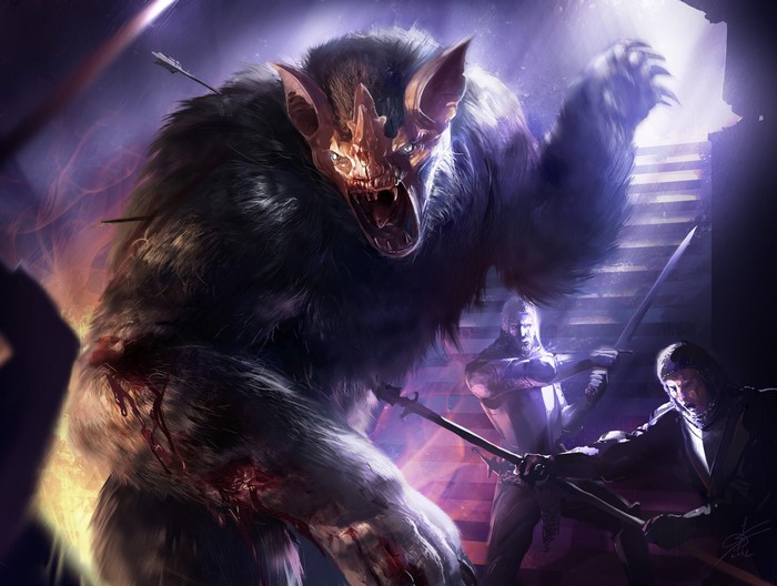 Monster Battling Knights in Dark Setting