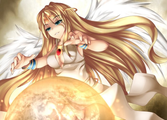 Angel with golden hair and wings holding a glowing orb