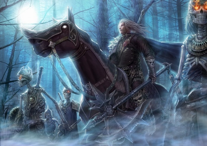 Undead warriors and a man on horseback in a forest