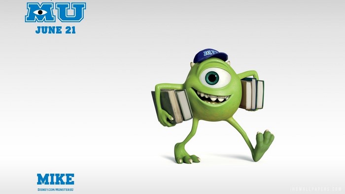 Mike Wazowski from Monsters University holding books