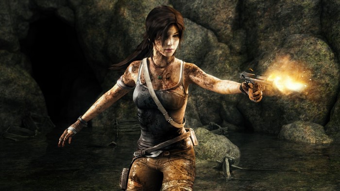 Lara Croft from Tomb Raider firing a pistol