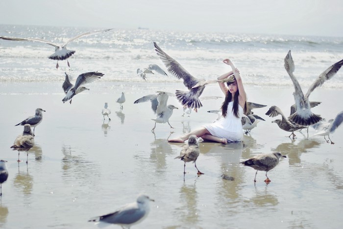 Woman in white dress surrounded by seagulls on a beach