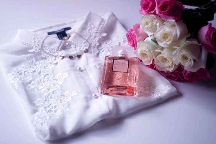 Chanel Coco Mademoiselle Perfume with Roses and Blouse