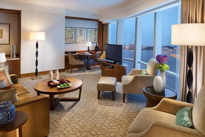 Luxury hotel living room with city view