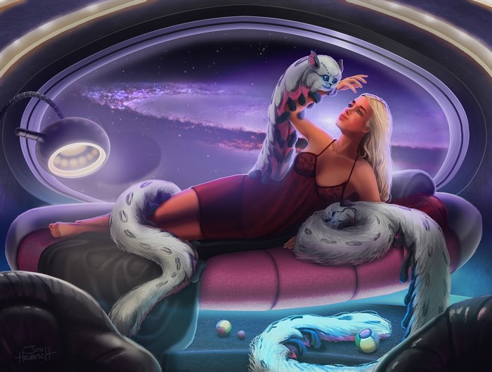 Woman with magical snake-like creatures by a window overlooking space