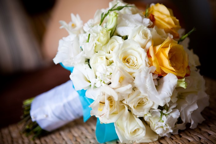 White and Yellow Roses Bouquet with Blue Ribbon