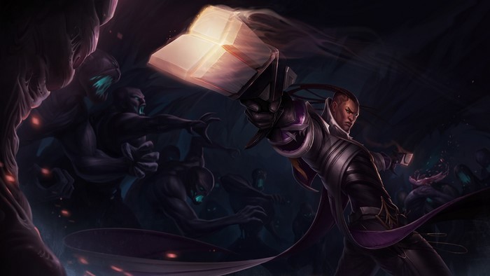 Lucian from League of Legends fighting shadowy creatures