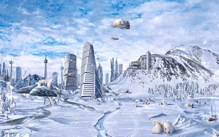 Futuristic city in a snowy landscape with polar bears