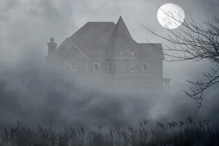 Gothic Fantasy House in Fog with Moon