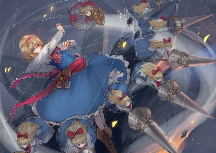 Girl in blue dress with multiple clones and spears