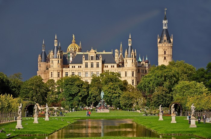Schwerin Castle in Germany with gardens and pond