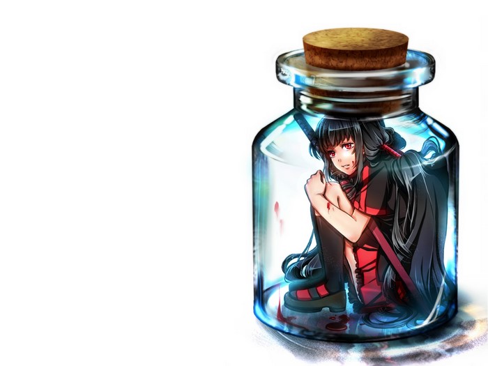 Anime girl with sword in a bottle