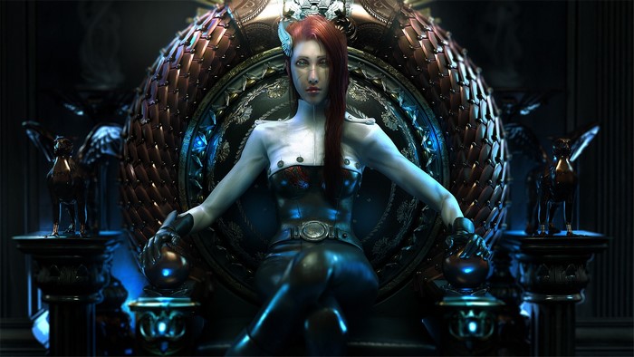 Redhead woman sitting on a throne