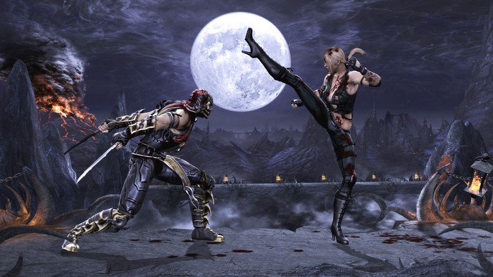 Scorpion and Sonya Blade fighting under the moon in Mortal Kombat