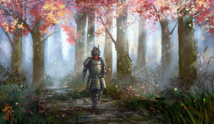 Samurai warrior walking through a forest with autumn leaves