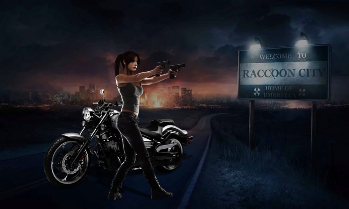 Woman with guns and motorcycle at Raccoon City entrance