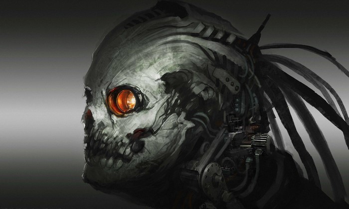Cyborg skull with glowing orange eye and cables