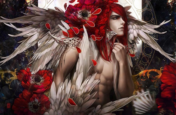 Angel with red hair and white wings surrounded by red flowers