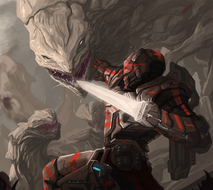 Warrior in armor fights monsters with a sword