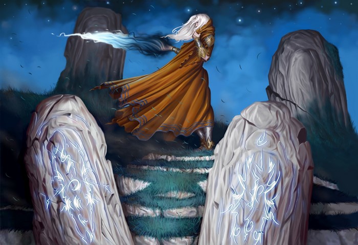 Woman in orange cloak casting magic near standing stones