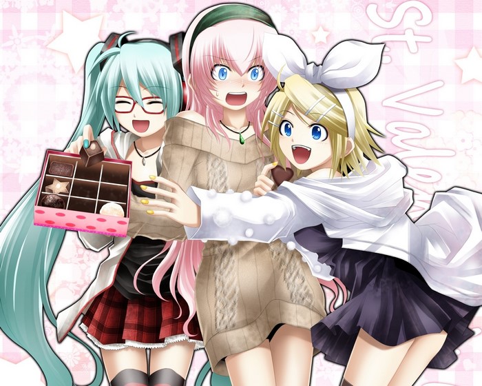 Hatsune Miku, Kagamine Rin, and Megurine Luka with chocolates