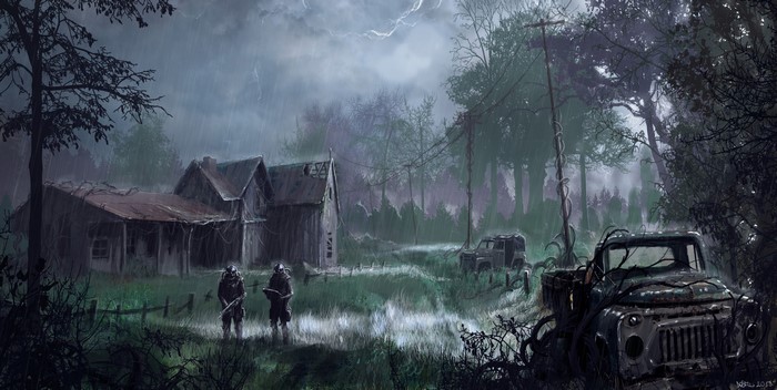 Two stalkers in a rainy, abandoned village with trucks
