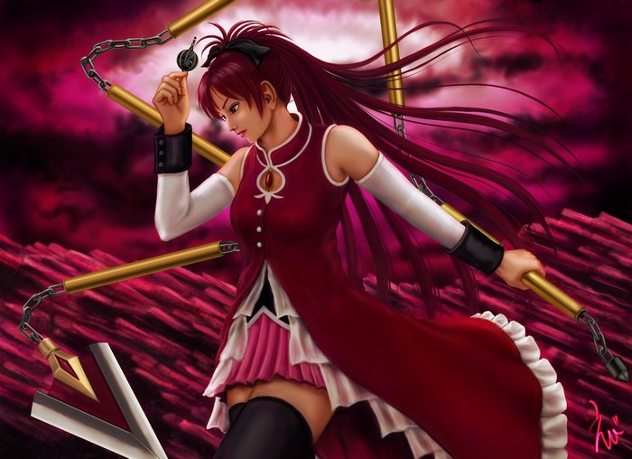 Kyoko Sakura from Puella Magi Madoka Magica with nunchucks