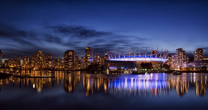 Vancouver skyline and stadium at night