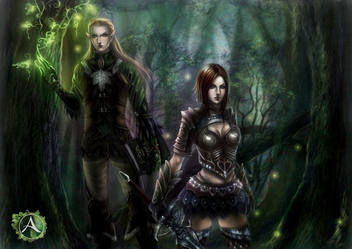Two elves in a dark forest