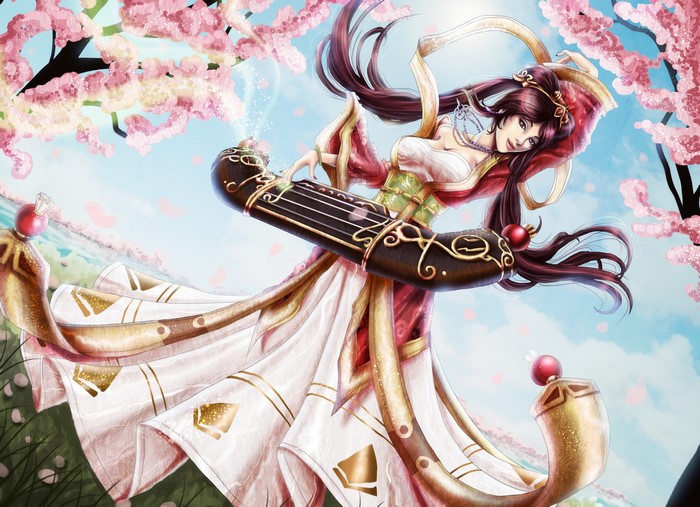 Sona from League of Legends playing a Koto