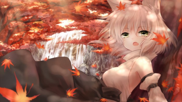 Anime girl with fox ears in autumn foliage