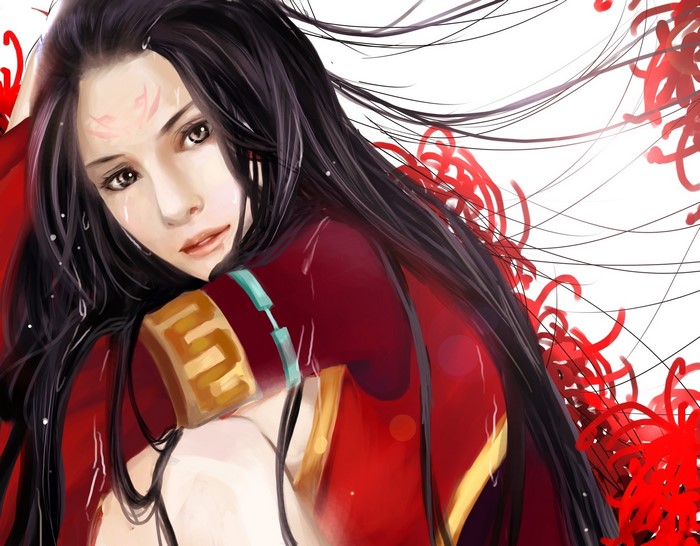 Brunette girl with red flowers