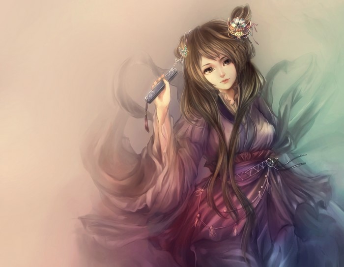 Anime girl with brown hair in a kimono holding a fan