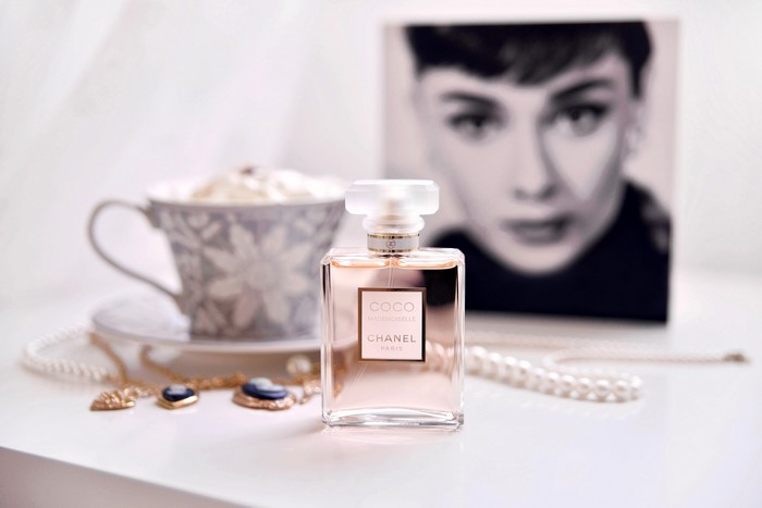 Chanel Coco Mademoiselle Perfume Bottle with Audrey Hepburn Portrait