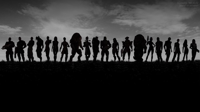 Mass Effect characters silhouetted against the sky