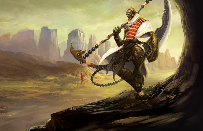 Warrior with a scythe in a desert landscape