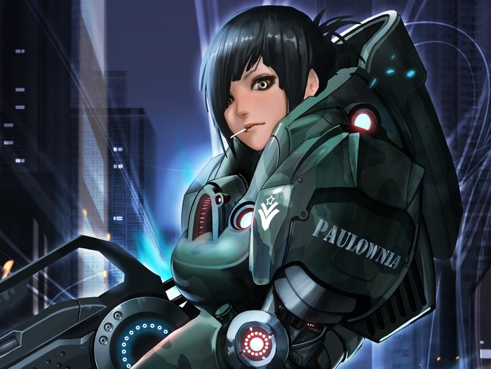 Brunette girl in futuristic armor with Paulownia marking