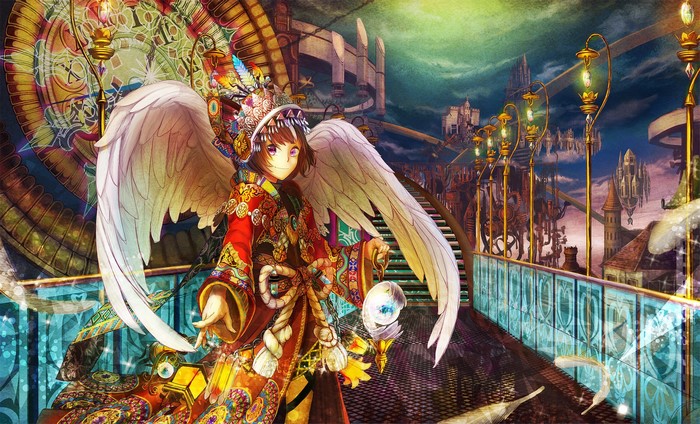 Angel in ornate kimono with wings in fantastical city
