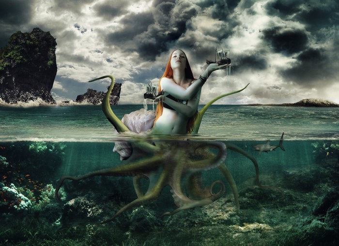 Mermaid with Octopus and Shark in Stormy Seas